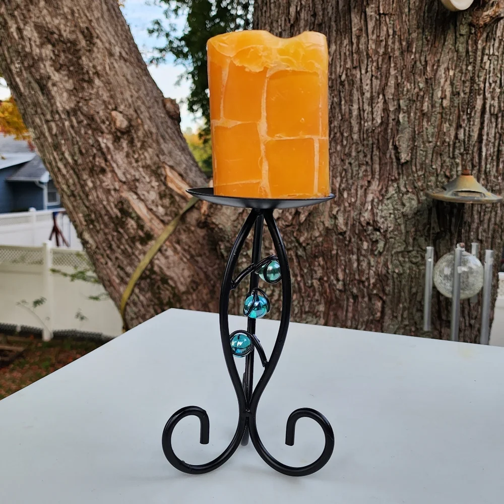 Pillar Wrought Iron Candle Holder‎ With Blue Crystals